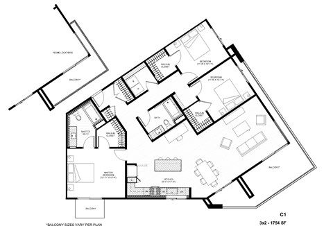 Floor plan for 3 beds, 2 baths, 1754 sqft